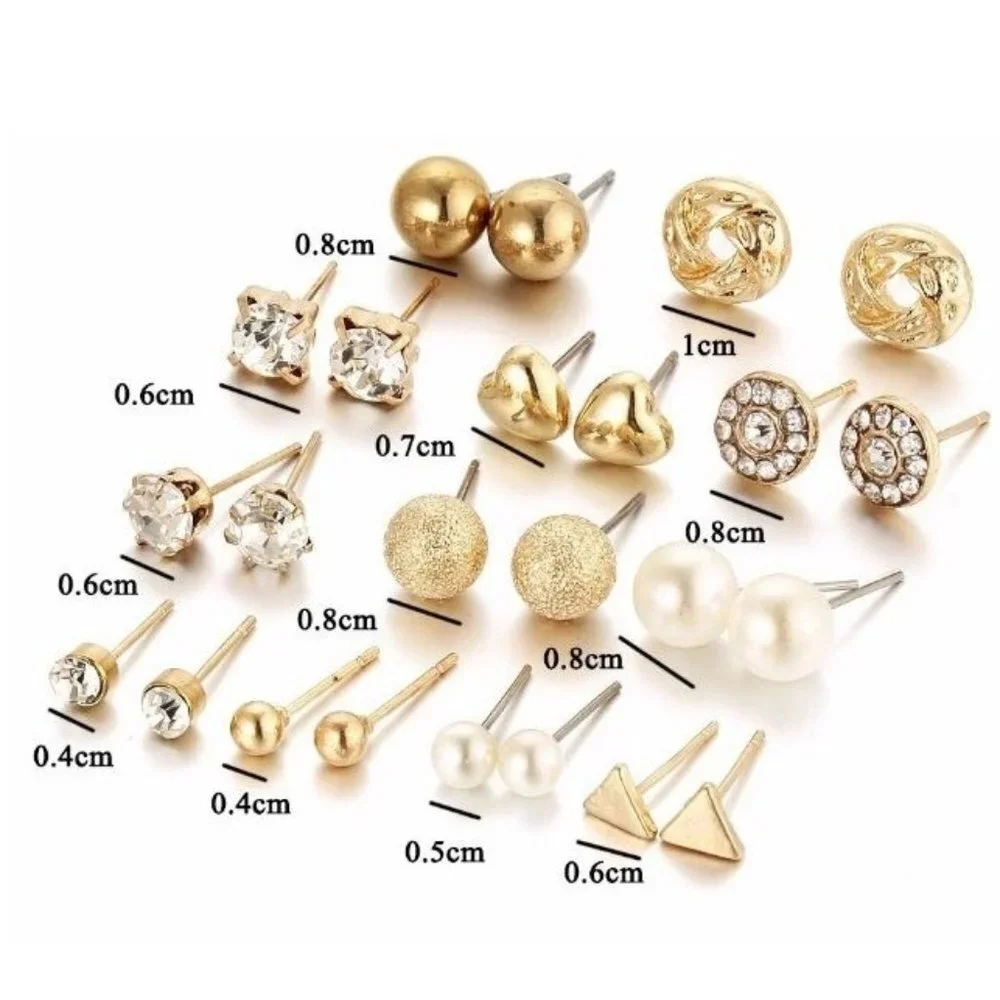 😍12 PAIR 14K GOLD SILVER SIMPLE CLASSIC CRYSTAL PEARL SPARK STUD EARRINGS, F273 - Picture 7 of 12